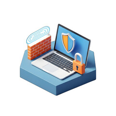 3D isometric illustration of a laptop with security features, including a shield and padlock, on a hexagonal platform.