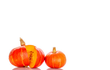 Ripe sweet pumpkins isolated on white background, close-up.