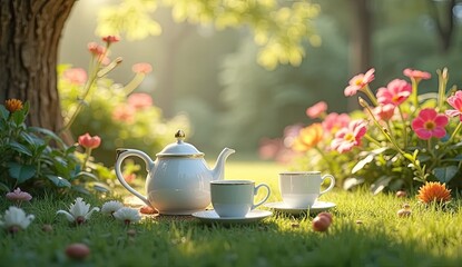 Elegant garden tea set bathed in warm sunlight, inviting peaceful moments amidst vibrant flowers.
