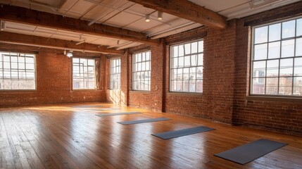 Fototapeta premium Bright and Spacious Yoga Studio Interior with Hardwood Floors and Natural Light