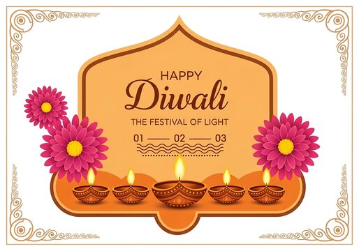 Elegant Diwali festival greeting card design with traditional lit diyas and vibrant flowers