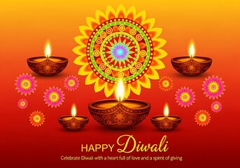 Naklejka premium Vibrant Diwali festival celebration greeting card with illuminated oil lamps and rangoli design