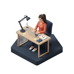 3D isometric illustration of a woman working at a desk with a laptop.