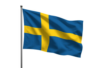 A waving Swedish flag on a silver flagpole 