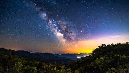 Fototapeta premium A breathtaking panoramic view of the Milky Way galaxy illuminating the night sky above a forested mountain range