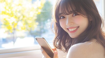 Obraz premium Smiling Woman Holding Smartphone, Natural Light, Happy Expression, Close-up Portrait.