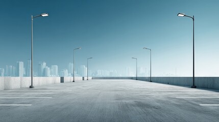 Elevated Empty Urban Parking Lot with Cityscape Background and Modern Streetlights on a Sunny Day
