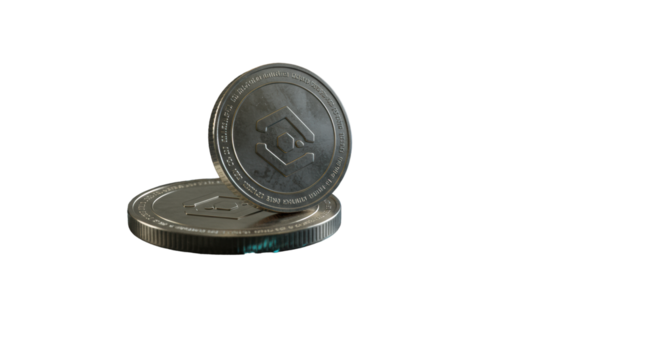 Stylized, polished metallic digital coin with abstract geometric symbol, resting on sleek dark surface with glowing holographic patterns, subtle background blur and cool blue ambient glows. Concept