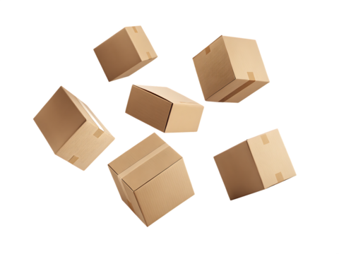 Brown cardboard boxes falling isolated on a transparent background
