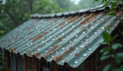 Raindrops glisten on a weathered corrugated metal roof amidst lush green foliage