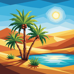 Desert landscape with palm trees water and sun in a cartoon style.