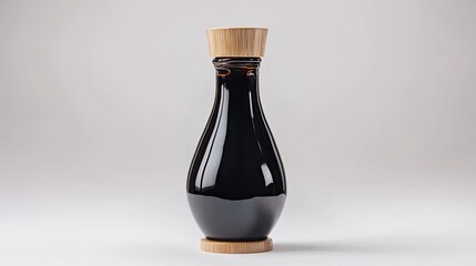 Dark-colored glass bottle with wooden lid and base.
