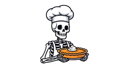 Cartoon Skeleton Chef Holding a Pie with Whipped Cream Topping.