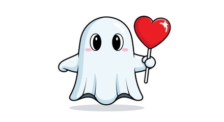 Adorable Cartoon Ghost Holding Heart-Shaped Lollipop.