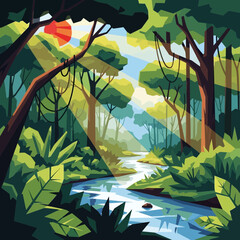 Cartoon style illustration of a river flowing through a lush green forest.