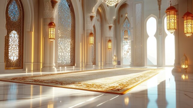 Spacious prayer hall with intricate details and warm lighting.
