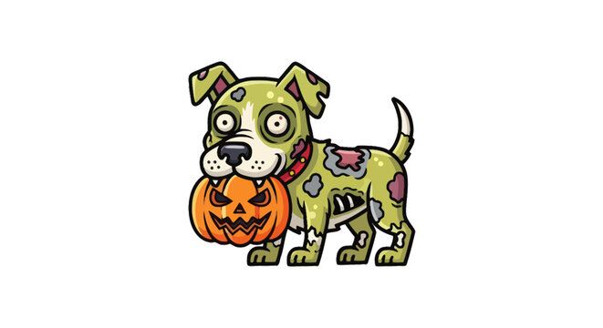 Cute cartoon zombie dog with green skin and stitches holding a spooky Halloween jack-o-lantern.
