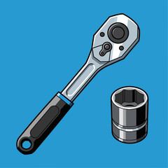 Ratchet wrench and socket isolated on a blue background in cartoon style.