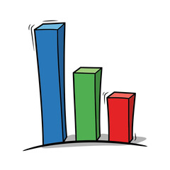 Cartoon style bar graph showing downward trend blue green and red colors.