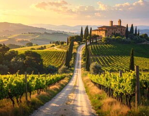 Picturesque sunset over Tuscany vineyard landscape with castle on hilltop