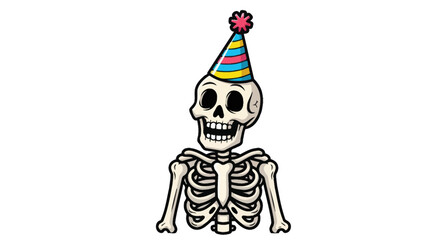 Cartoon Skeleton Bust Wearing a Colorful Party Hat with Pompom.