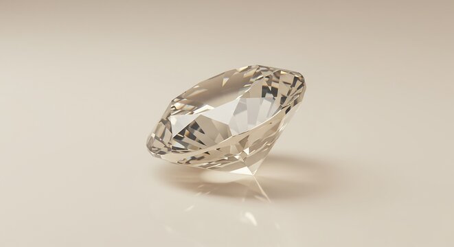 A brilliantcut diamond on a smooth beige surface casts a shadow The diamond has many facets