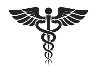 Classic Caduceus emblem representing medicine and healthcare, featuring an iconic winged staff and two intertwined snakes