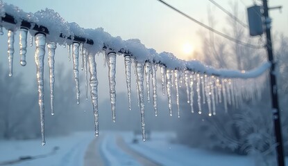 Stunning icicles glisten on a snow-covered wire against a soft winter sunrise backdrop