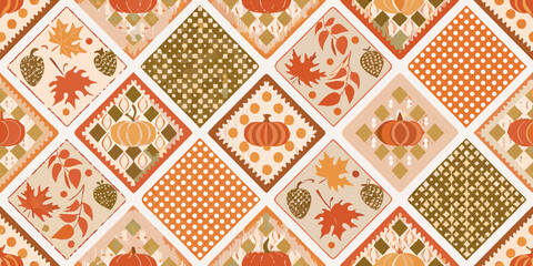 Cozy autumn patchwork pattern featuring pumpkins maple leaves and pinecones in warm earthy tones © Ratan