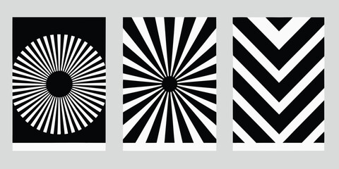 Three abstract geometric patterns in black and white featuring radial sunbursts and chevron stripes