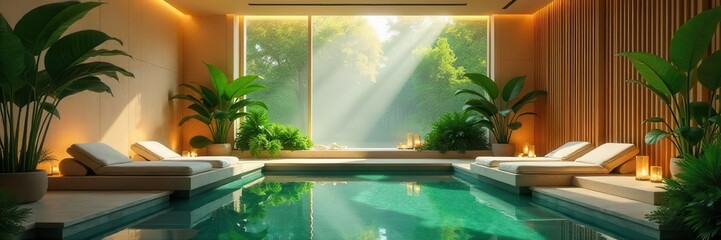 Luxurious indoor swimming pool area with chaise lounges lush plants and natural light streaming through a large window