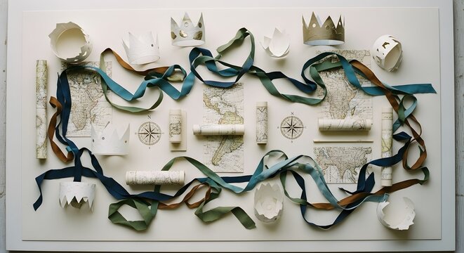 Creative Vintage Explorer Kit With Maps Ribbons Crowns On White Background - Powered by Adobe