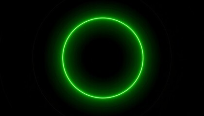 A bright green neon circle glows against a deep black backdrop with concentric faint rings around it, creating an optical illusion