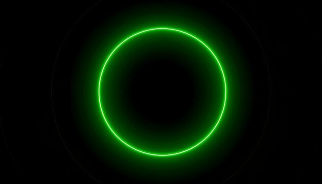 A bright green neon circle glows against a deep black backdrop with concentric faint rings around it, creating an optical illusion