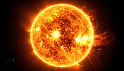 A bright, incandescent celestial sphere radiating intense heat and light, showcasing solar flares against a black backdrop