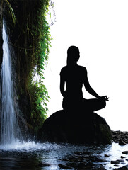 Silhouette of a woman meditating by a waterfall on a rock Keywords: woman, meditation, yoga, silhouette, waterfall, nature, rock, water, stream, lush, green, foliage, peaceful, serene, calm