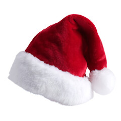 Classic plush red santa hat with white trim and pom-pom isolated isolated on transparent background
