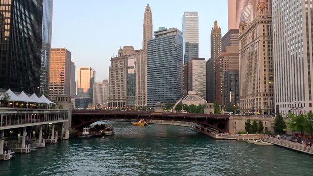 Chicago, Illinois, USA : July 29, 2025 Evening views of the Chicago River and Chicago, Illinois Skyline. Summer scene looking across the river to beautiful skyscraper architecture.