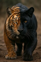 Obraz premium Tiger with a black stripe on its face. The tiger is walking on a dirt path