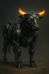 Naklejka premium Robot bull with glowing horns stands in a dark room. The robot bull is made of metal and has a menacing look on its face. The room is dimly lit, adding to the eerie atmosphere of the scene