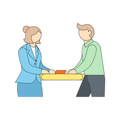 Obraz premium Professional woman in blue blazer and male colleague in flat illustration style for teamwork and office collaboration