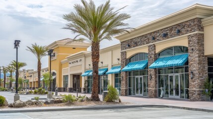 Obraz premium Commercial Retail Space in a Modern Outdoor Shopping Center with Palm Trees on Sunny Day