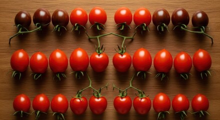 Array of different varieties of cherry and heirloom tomatoes on wood surface