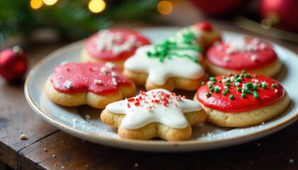 Plate of festive Christmas cookies decorated with red and white icing and sprinkles