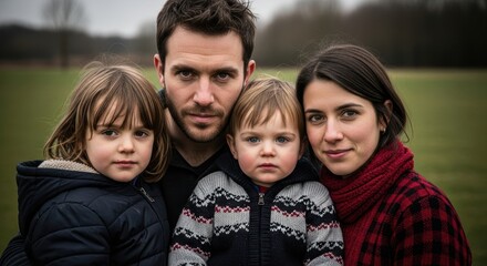 Happy family outdoors in winter, caucasian adults and children bundled up for cold weather