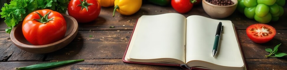 Open blank notebook and pen on rustic wooden table with fresh tomatoes peppers herbs and beans