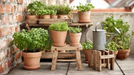 Home Garden: Assortment of Herbs in Terracotta Pots on Wooden Shelves with Watering Can
