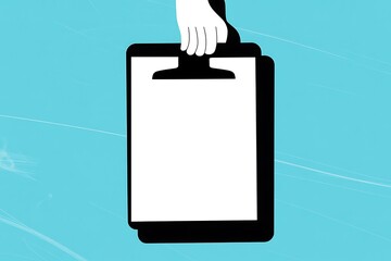 Hand holding a blank clipboard with a white sheet of paper on a blue background