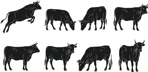 Cow silhouette vector set with grazing and standing poses, horned cattle farm animal design for agriculture, dairy, livestock, and rural themes