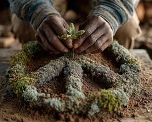 A pair of hands planting a seedling in the shape of a peace symbol